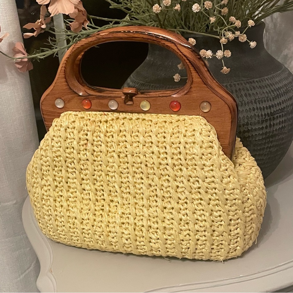 VTG 50'S GAYMODE  Yellow Wood HANDLE&CLASP STRAW RATTAN PURSE BAG